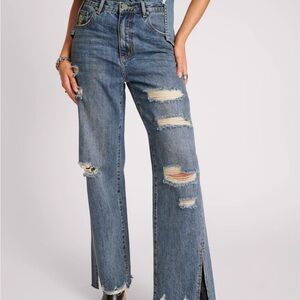 One Teaspoon Billie Low Slung Straight Leg Mid Waist Denim Jeans - Used Blue